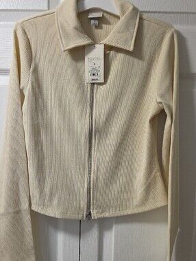 a new day Cream Ribbed Zip Jacket with Stand Collar